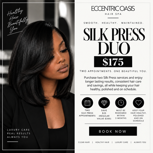 Silk Press Duo two appointments $175, save $25, bob hairstyle portrait