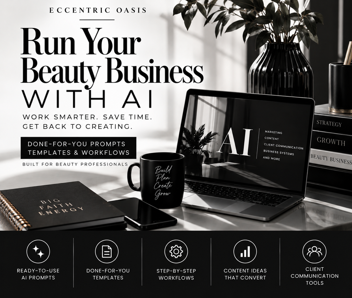 Faceless monochrome Run Your Beauty Business With AI digital toolkit card
